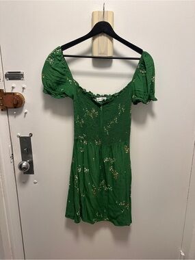 Faithfull the Brand Green Floral Smocked Puff Sleeve Mini Dress
